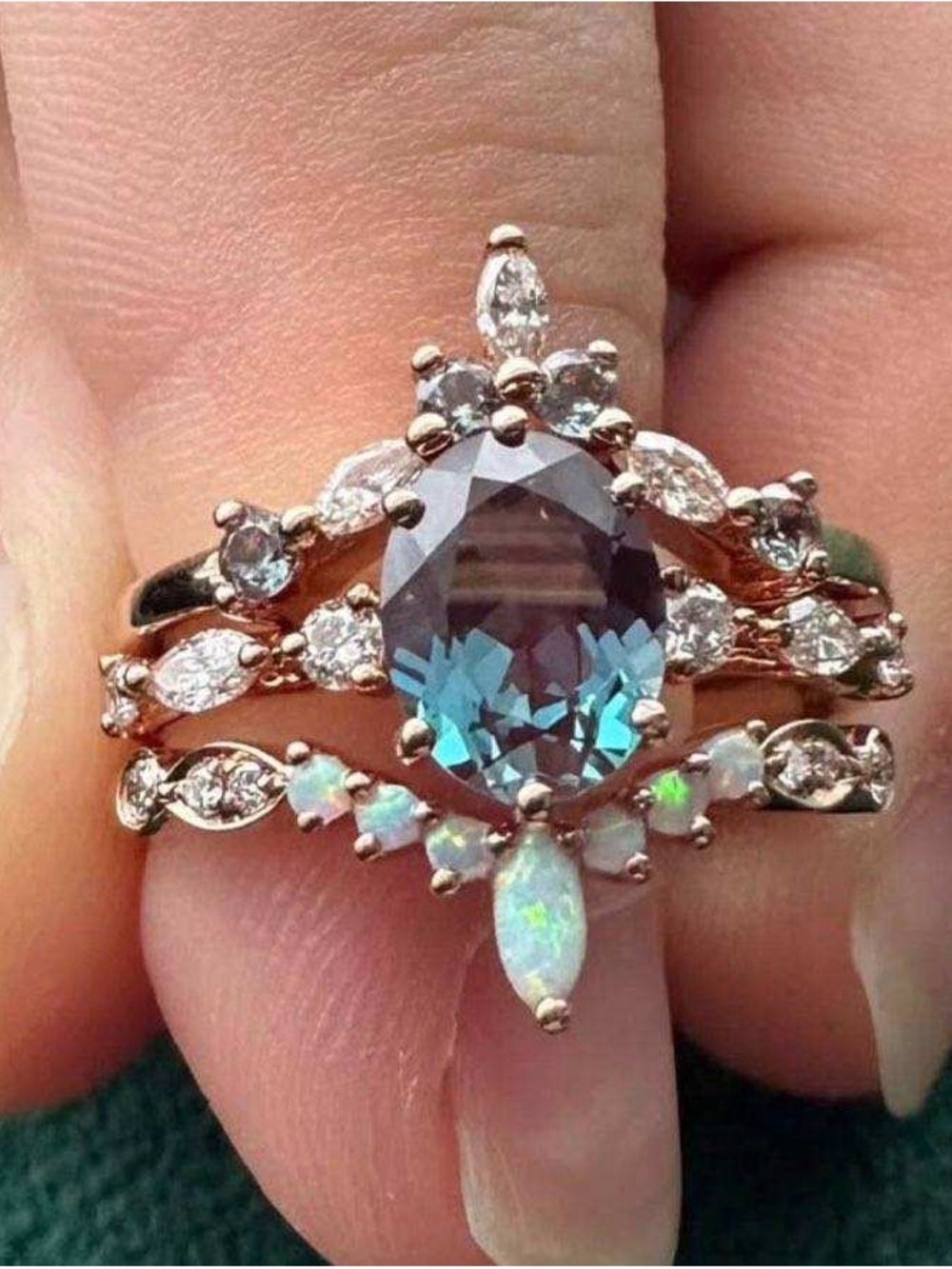 Rose Gold Teal Centerstone and Opal Accent Ring Set